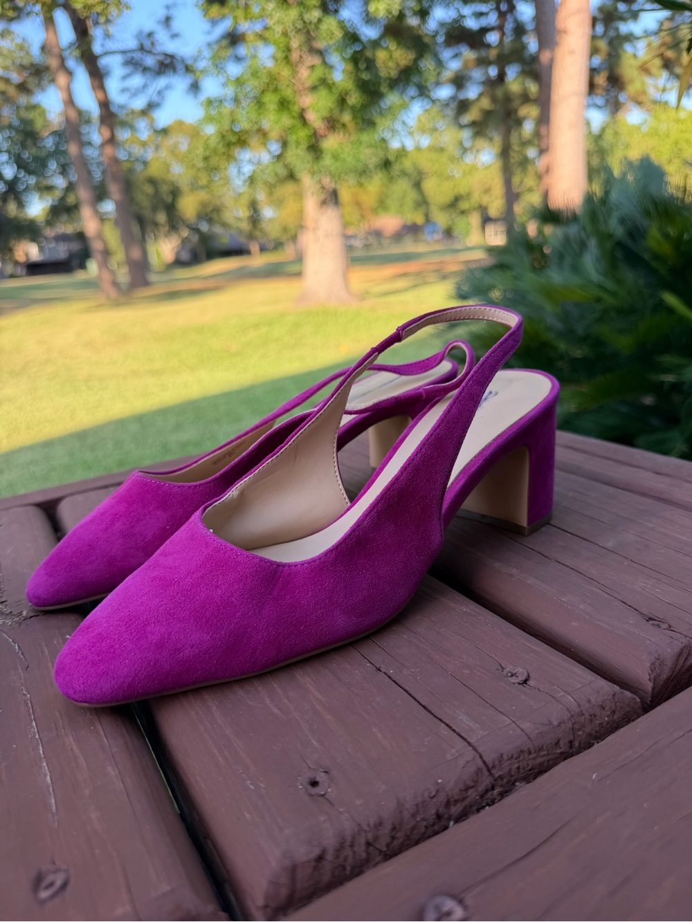 Ann Taylor Fuchsia Suede Block Heel Slingback Pumps 8M $158 Retail - Picture 2 of 9
